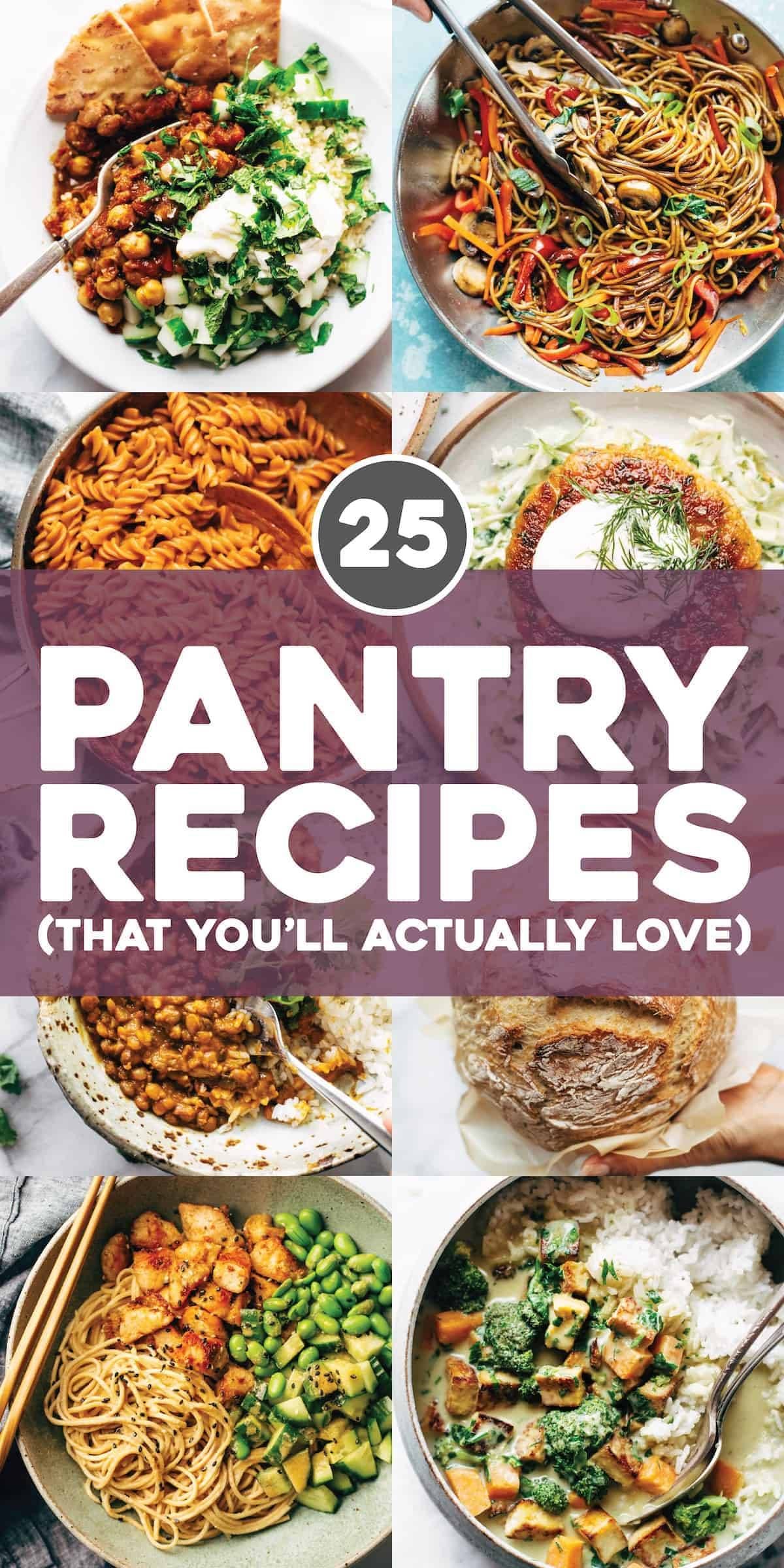Eight finished dishes of food illustrate pantry recipes.