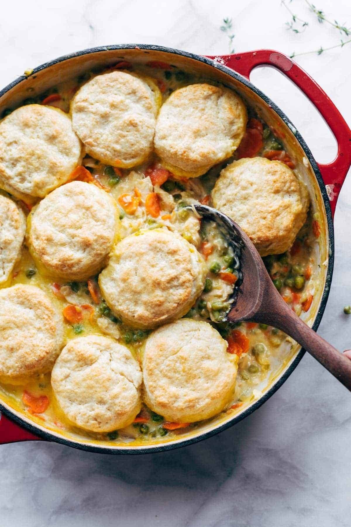 Chicken pot pie filling topped with biscuits.