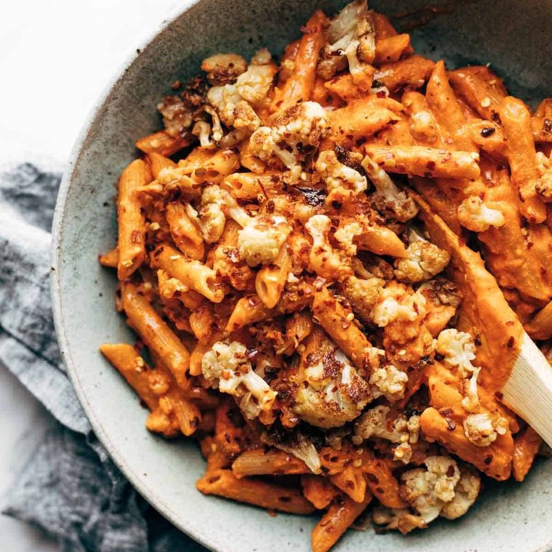 A picture of Red Pepper Cashew Pasta with Roasted Cauliflower