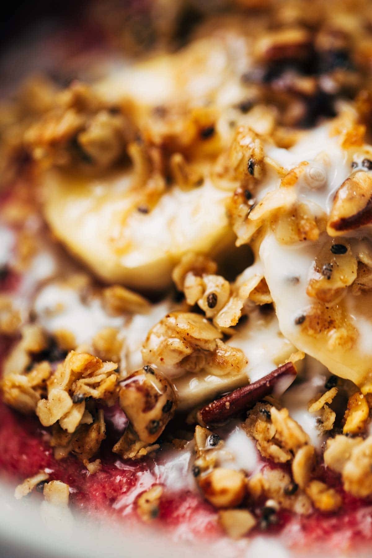 Granola and bananas close up.