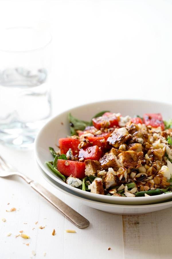 Balsamic Watermelon Chicken Salad in a white bowl.
