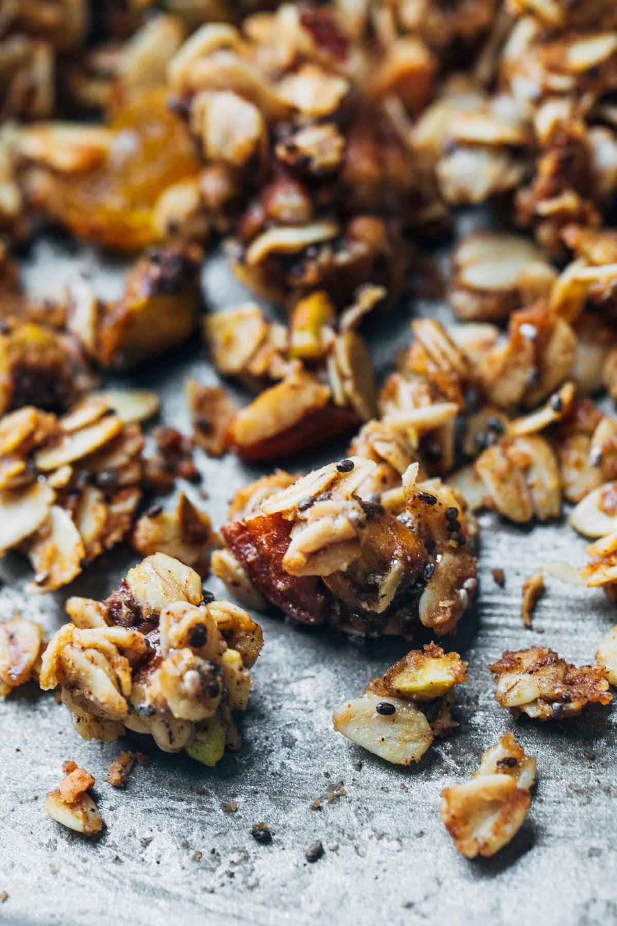 Granola on a sheet pan.